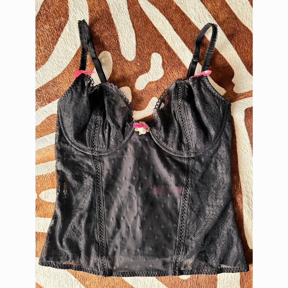 Y2K Betsey Johnson Black Polka Dot Lace Corset With Pink Bows 34C